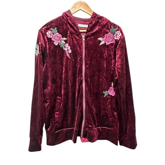 Standard Grace Crushed Velvet Hoodie XL Burgundy Floral Embroidered Zip‎ Jacket - Picture 5 of 7